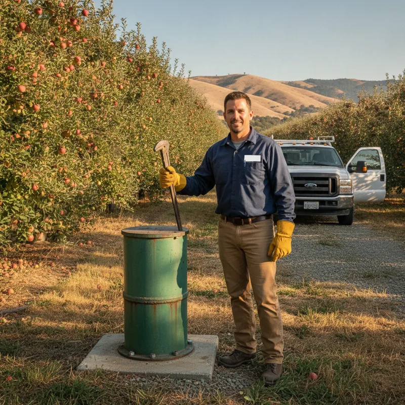 Well technician at a residential wellhead in orchard country