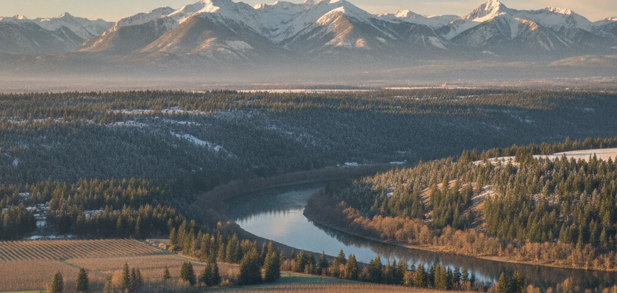Wenatchee valley with Cascade peaks, orchards, and the Columbia River