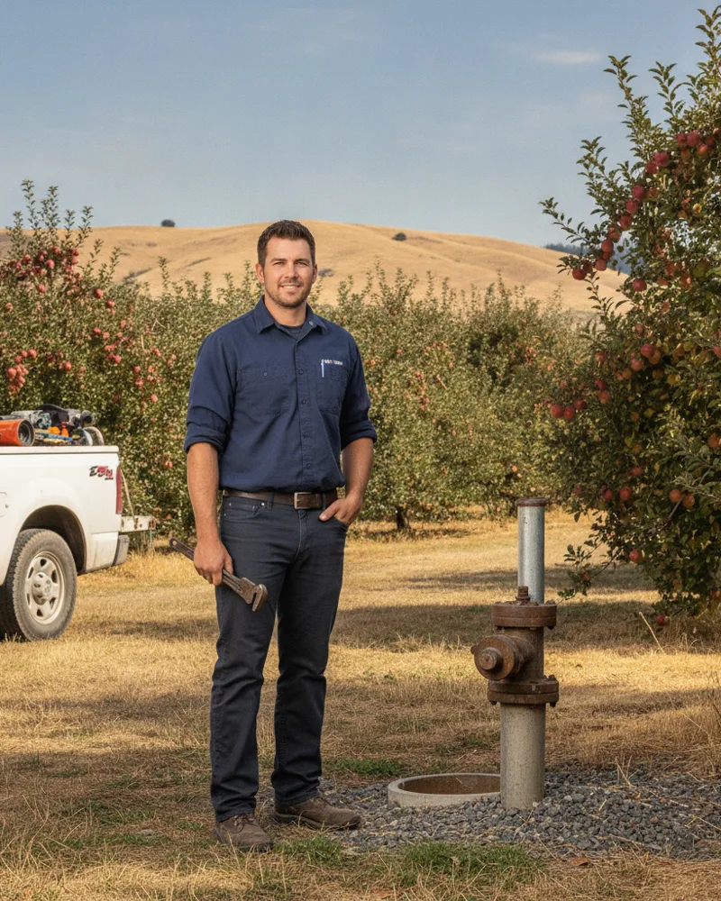 Well technician at a residential wellhead in orchard country