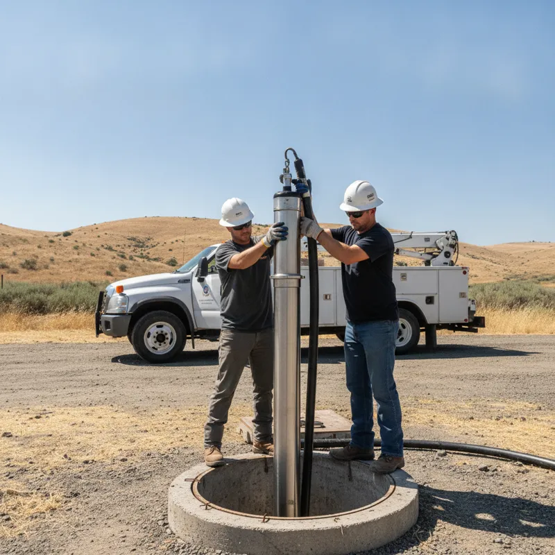 Technicians lowering a new submersible pump