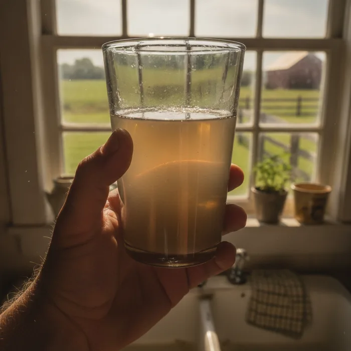 Glass of cloudy sediment-tinted well water