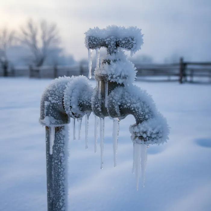 Frosted outdoor water pipe in winter
