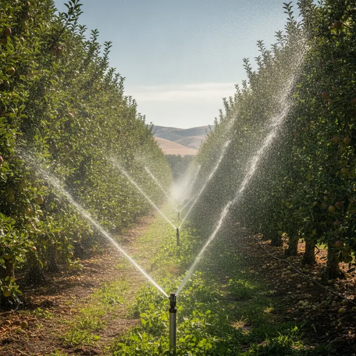 Orchard irrigation sprinklers running